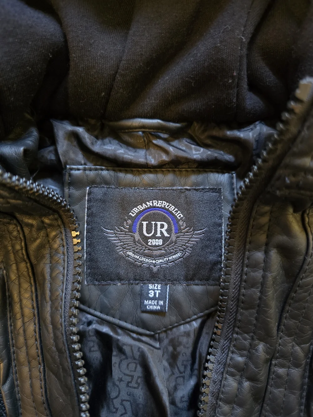 Urban Republic Black Faux Leather Hooded Jacket for Kids - Zipper Front